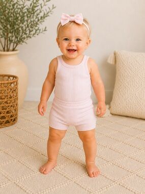 Milkberry Baby Girl Pink Bamboo Romper 3-Piece Outfit & Headband | NWT Size 12M